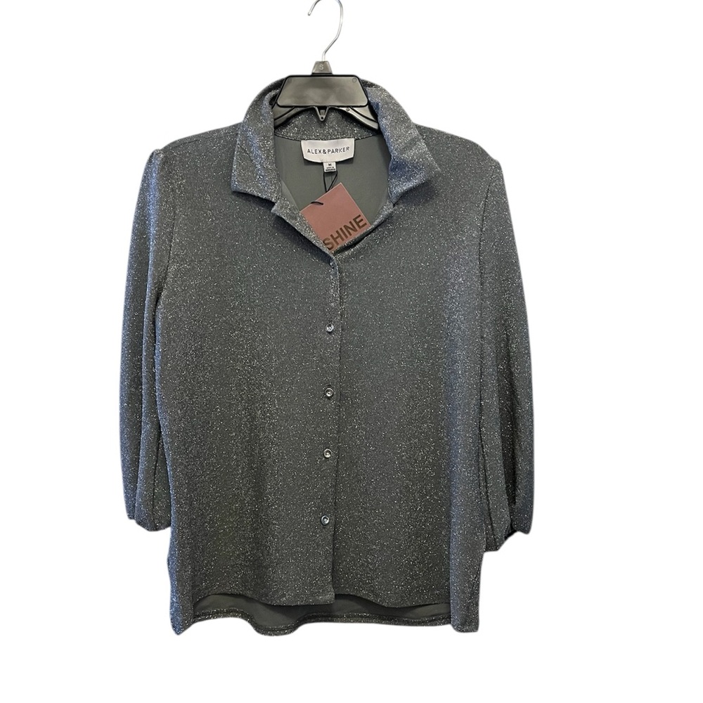 Alex & Parker Shimmering Silver Button Down Shirt Top